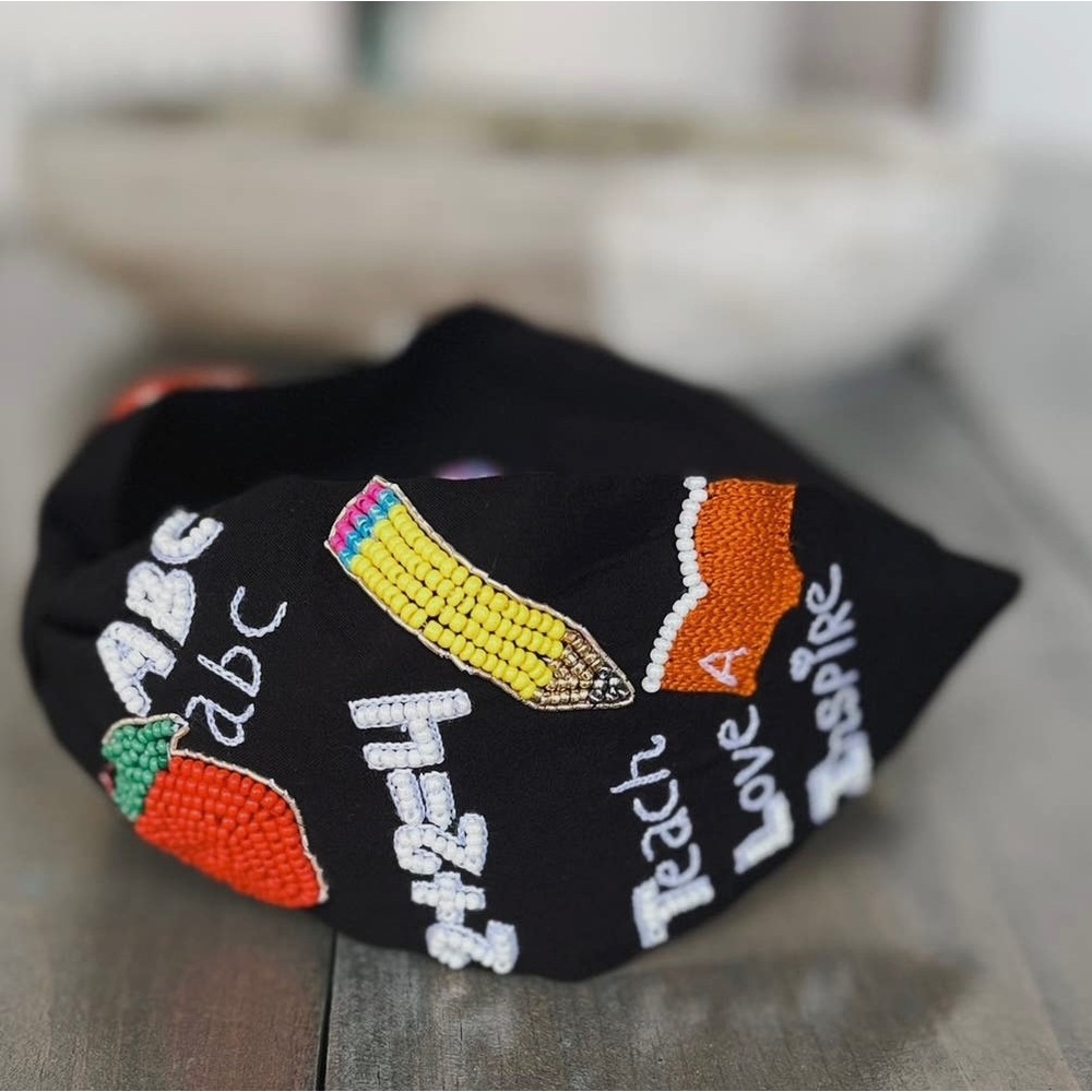 Teacher Seed Beaded Hearts Top Knot Headband